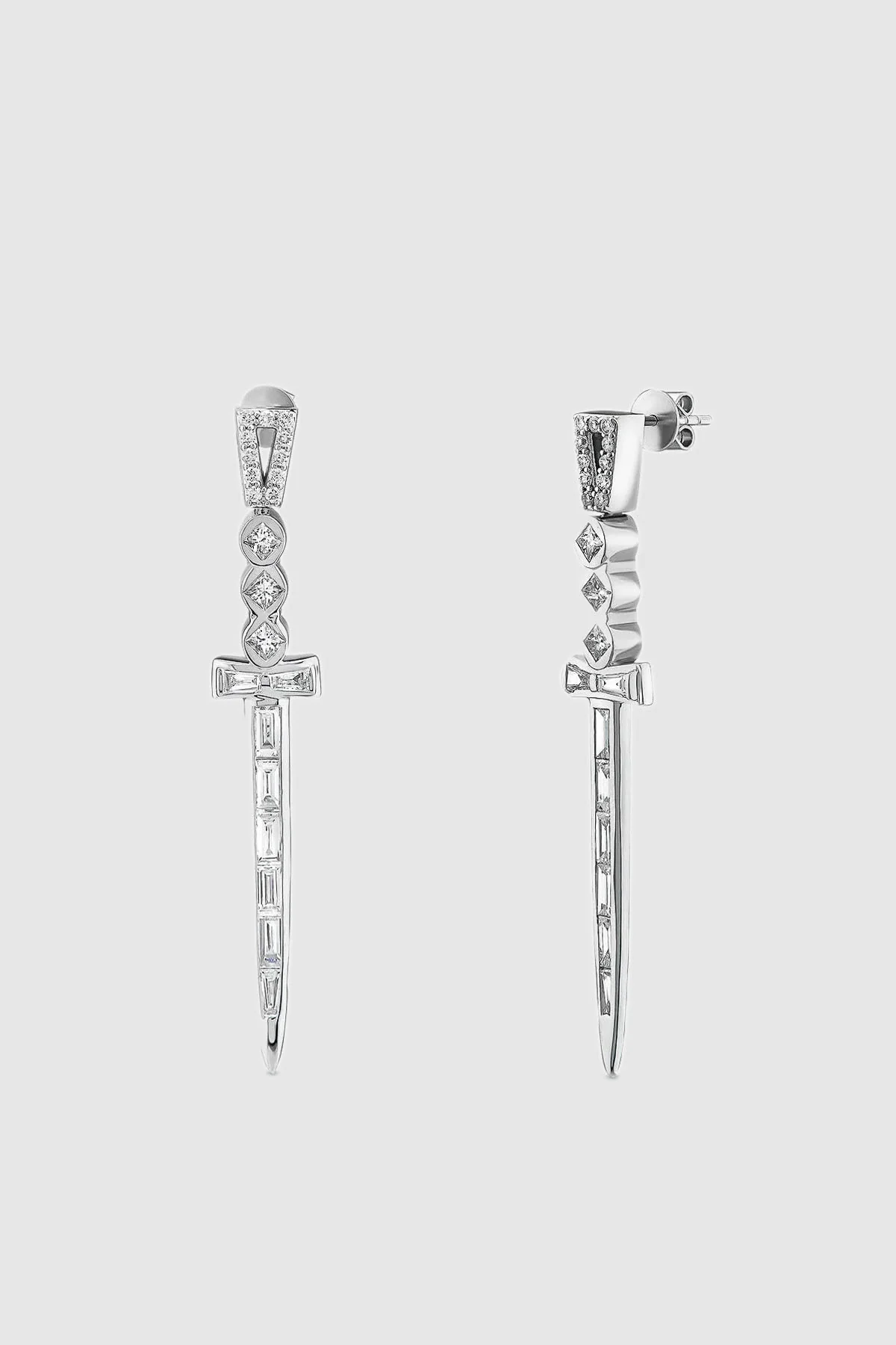 BEE GODDESS | 18K WHITE GOLD DIAMOND SWORD EARRINGS