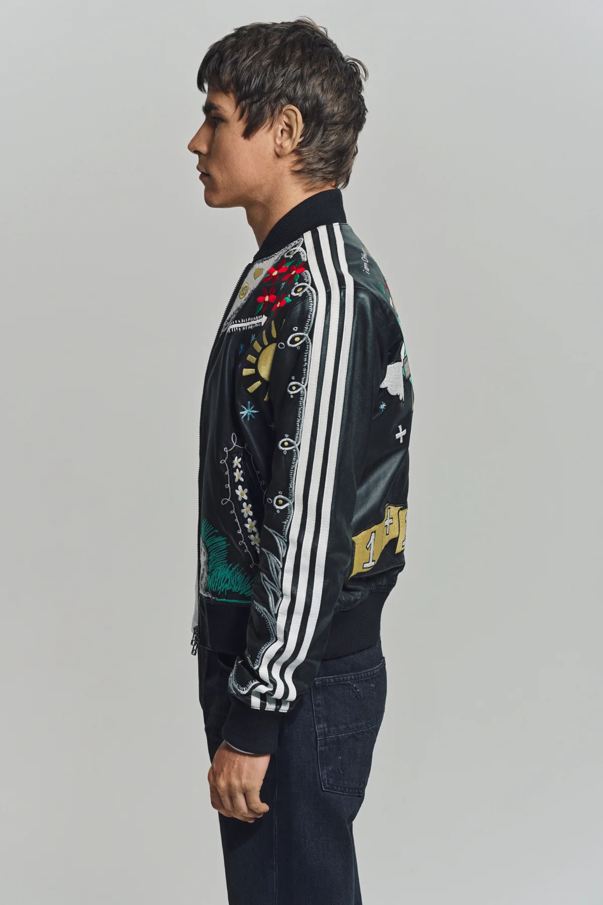 CACTUS PLANT FLEA MARKET x ADIDAS | 2000s CUSTOM EMBROIDERED BLACK LEATHER JACKET - Image 3