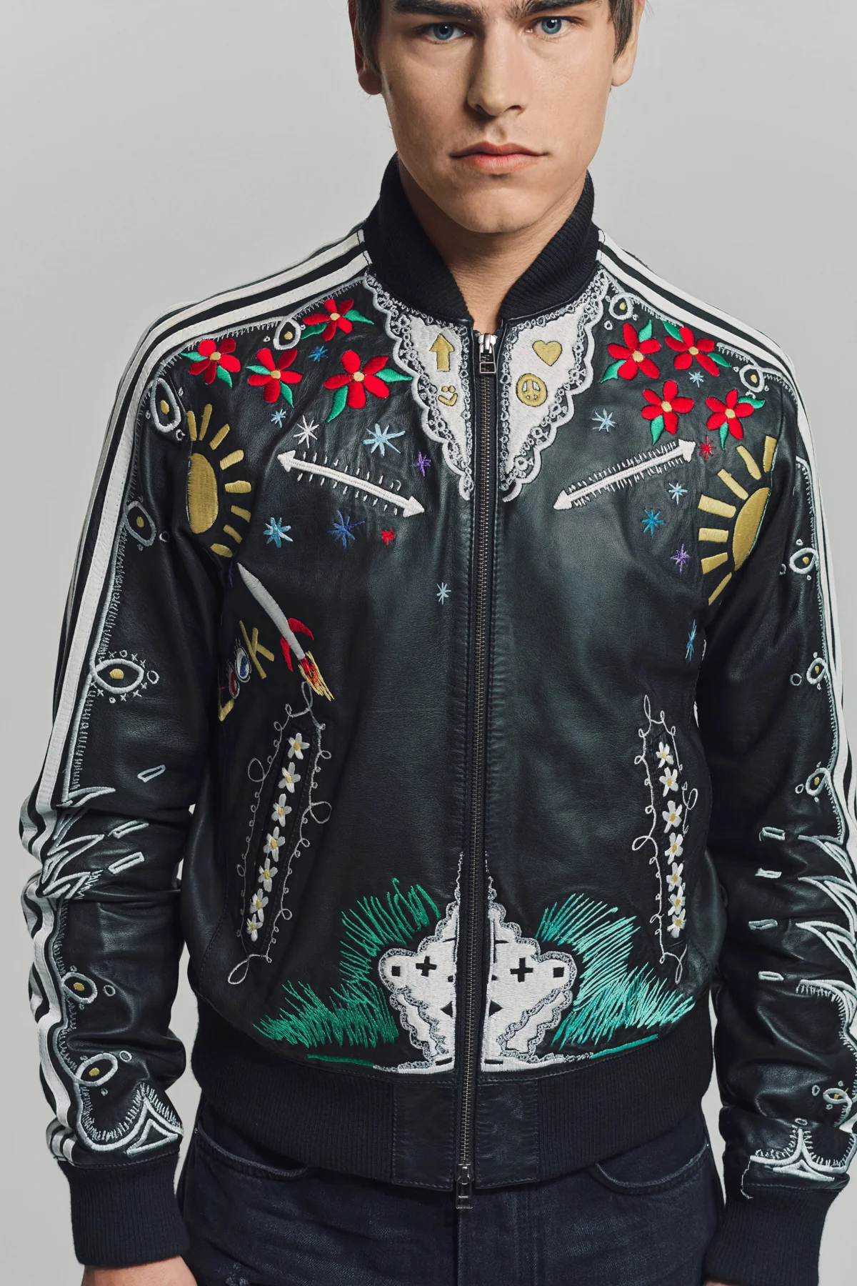 CACTUS PLANT FLEA MARKET x ADIDAS | 2000s CUSTOM EMBROIDERED BLACK LEATHER JACKET - Image 6