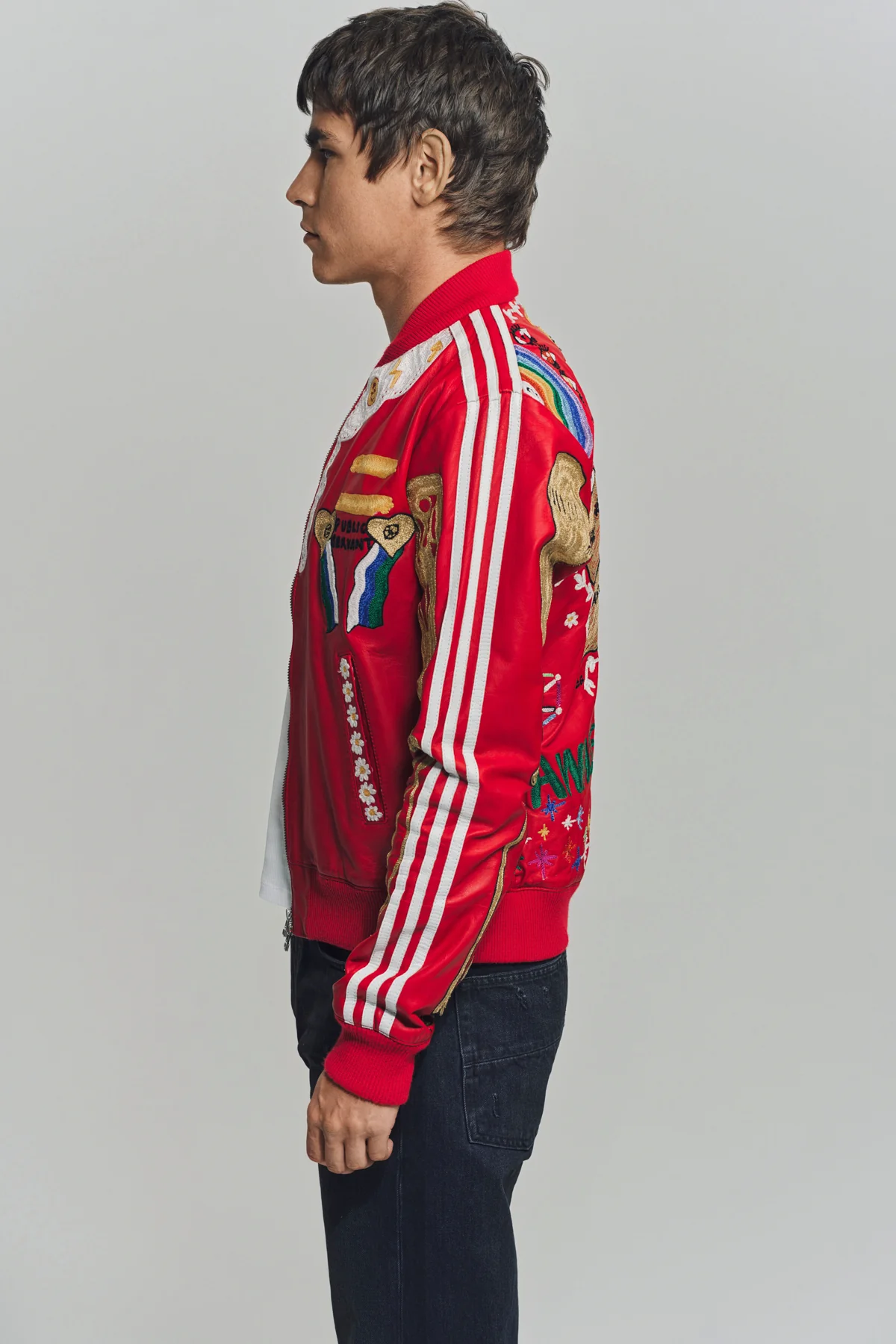 CACTUS PLANT FLEA MARKET x ADIDAS | 2000s CUSTOM EMBROIDERED RED LEATHER JACKET - Image 3