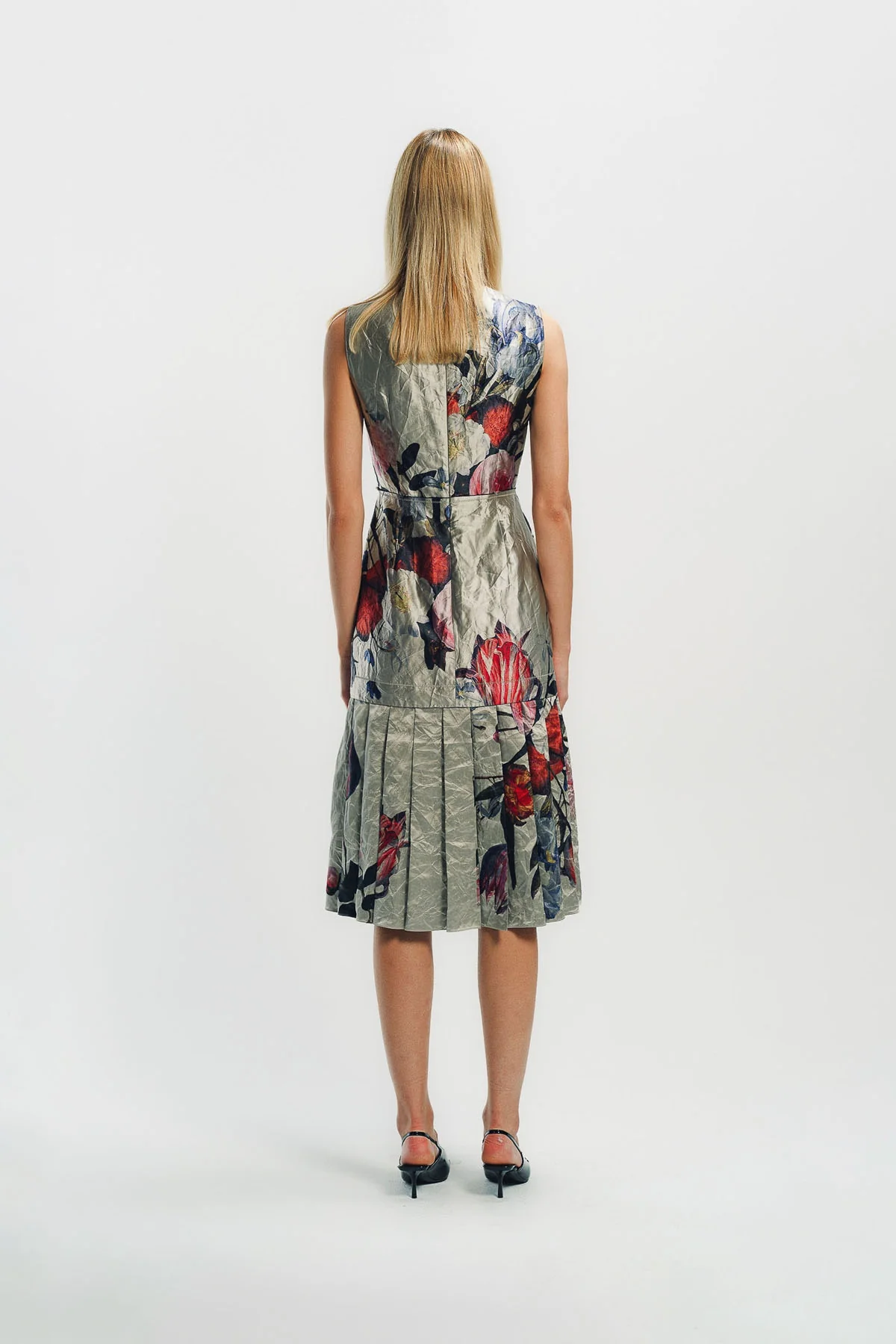 ERDEM | FLORAL PRINT TEXTURED SATIN SLEEVELESS MIDI DRESS - Image 4