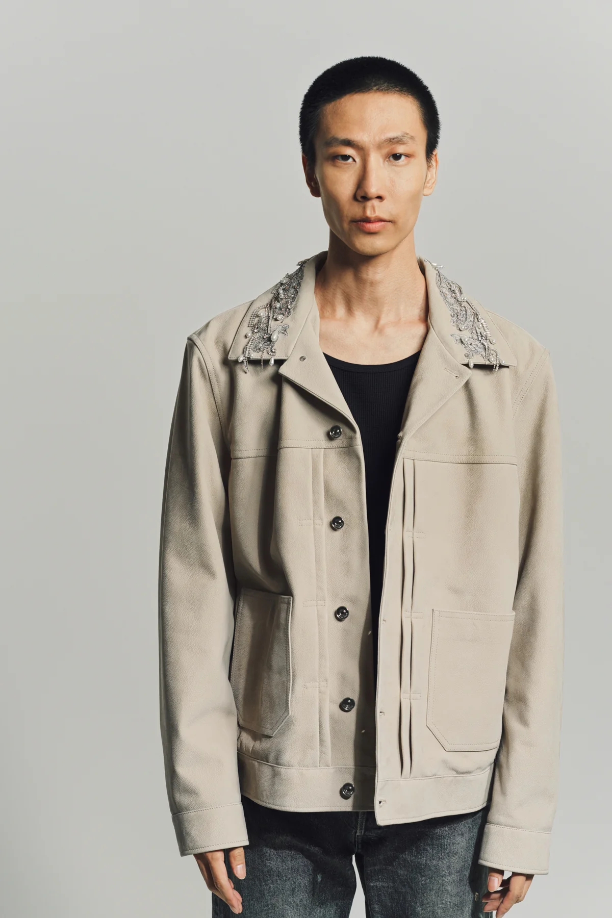 GIVENCHY | JACKET IN GRAINED LEATHER WITH CRYSTALS AND PEARLS - Image 2