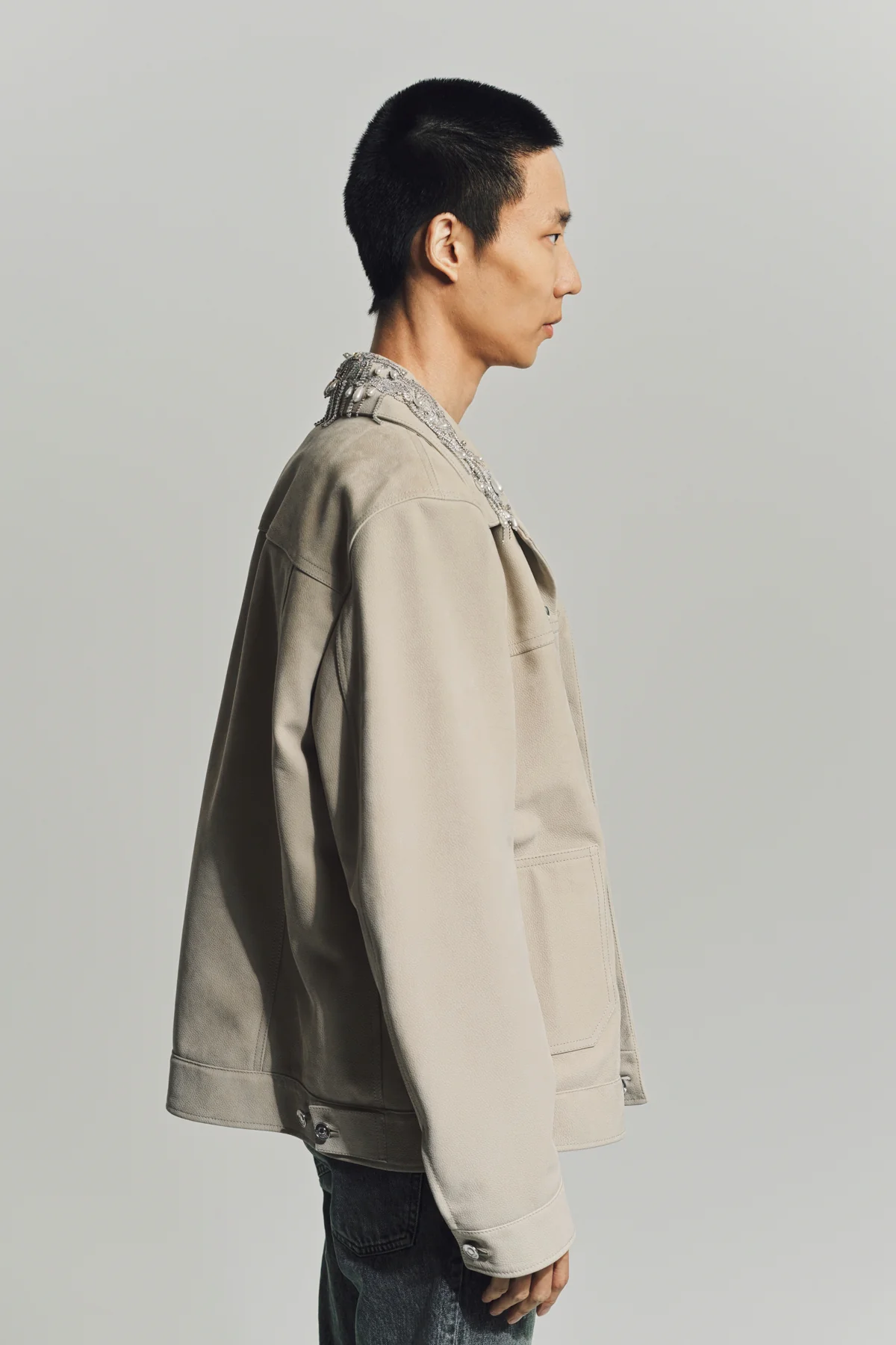 GIVENCHY | JACKET IN GRAINED LEATHER WITH CRYSTALS AND PEARLS - Image 3