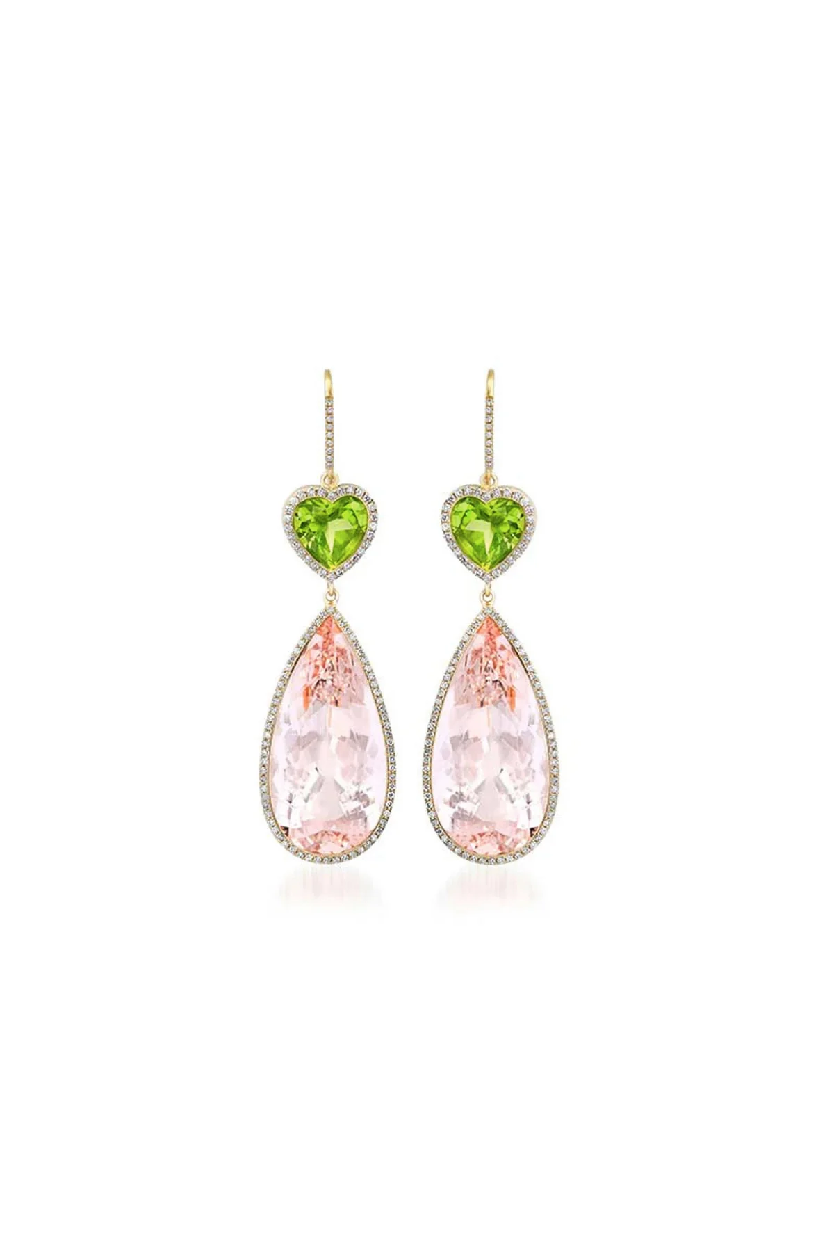 JENNIFER MEYER | ONE-OF-A-KIND PERIDOT HEART AND MORGANITE TEARDROP EARRINGS
