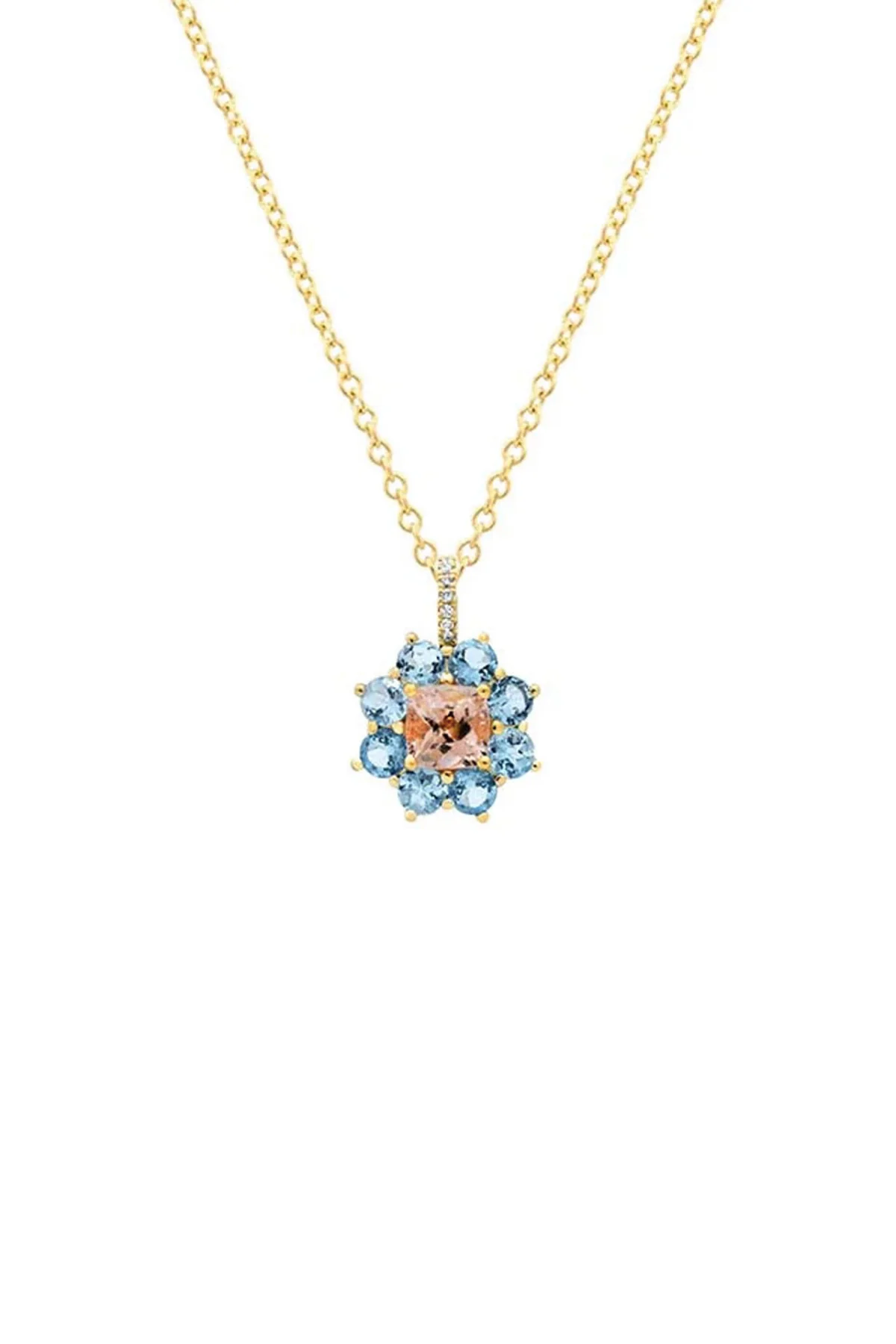 JENNIFER MEYER | PETITE STATEMENT AQUAMARINE FLOWER PENDANT NECKLACE WITH MORGANITE CENTER