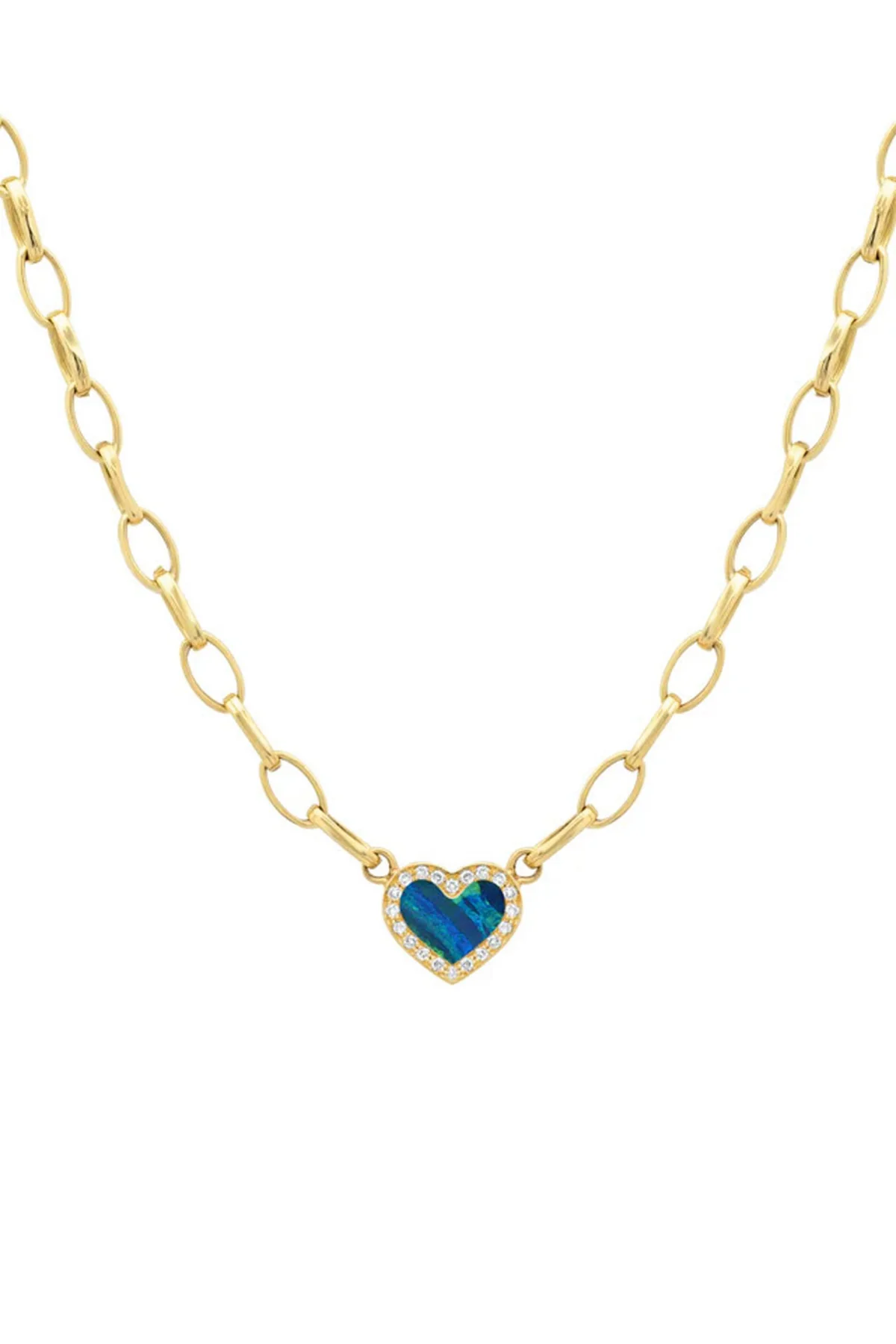 JENNIFER MEYER | SMALL EDITH LINK NECKLACE WITH OPAL INLAY HEART WITH DIAMONDS