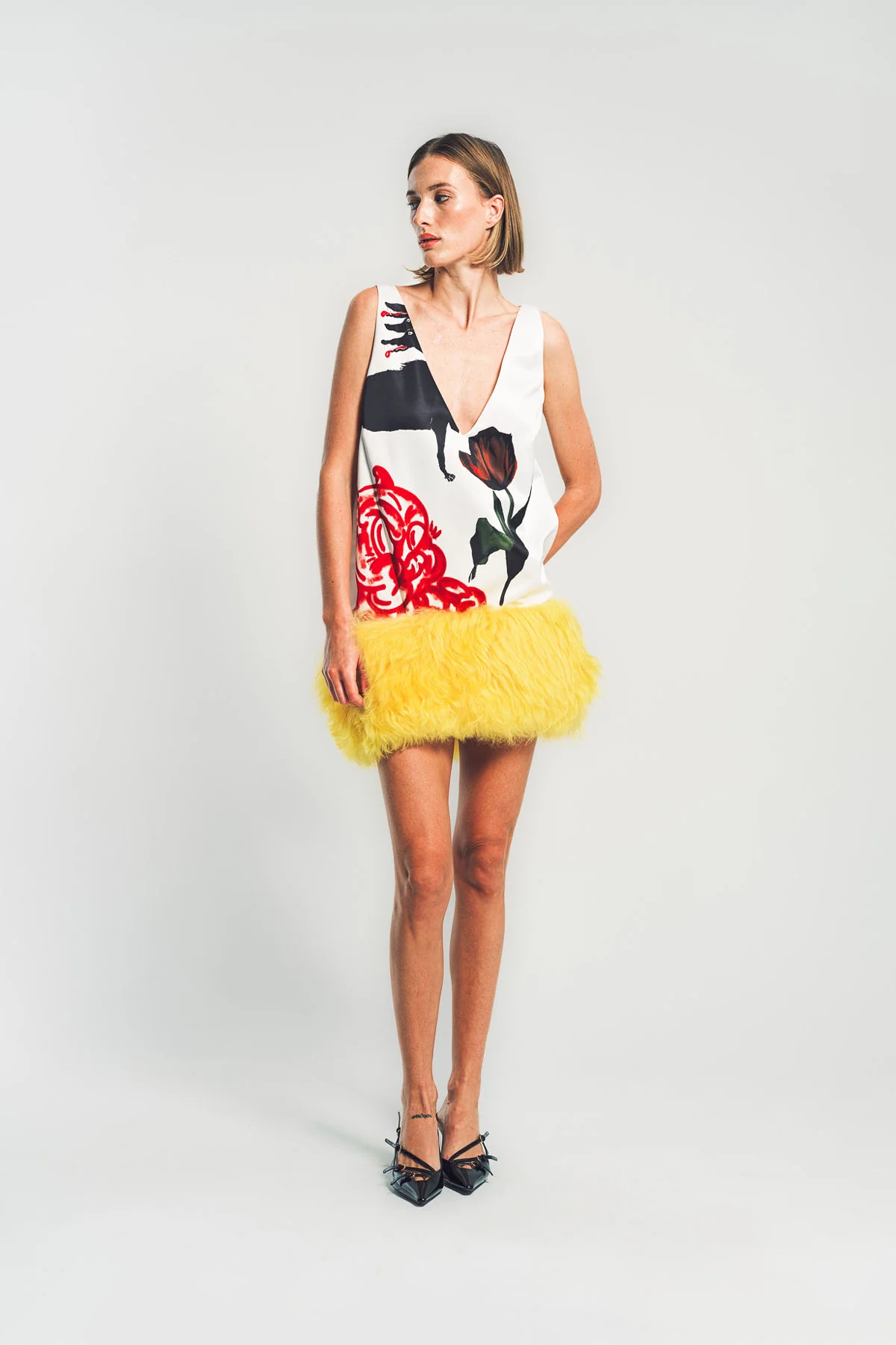 MARNI | WHITE SATIN MINI DRESS WITH FUR HEM