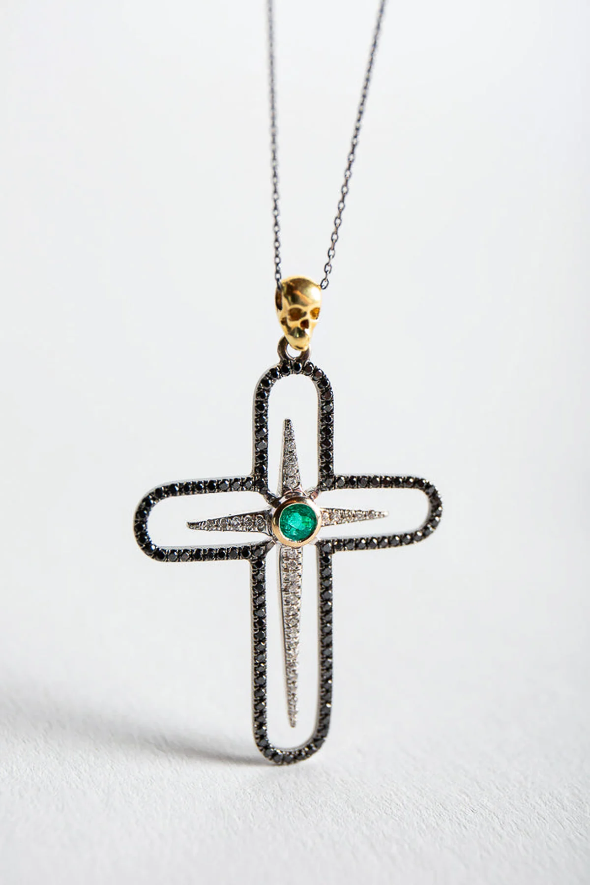 MAXFIELD PRIVATE COLLECTION | EMERALD DIAMOND SKULL CROSS NECKLACE - Image 2