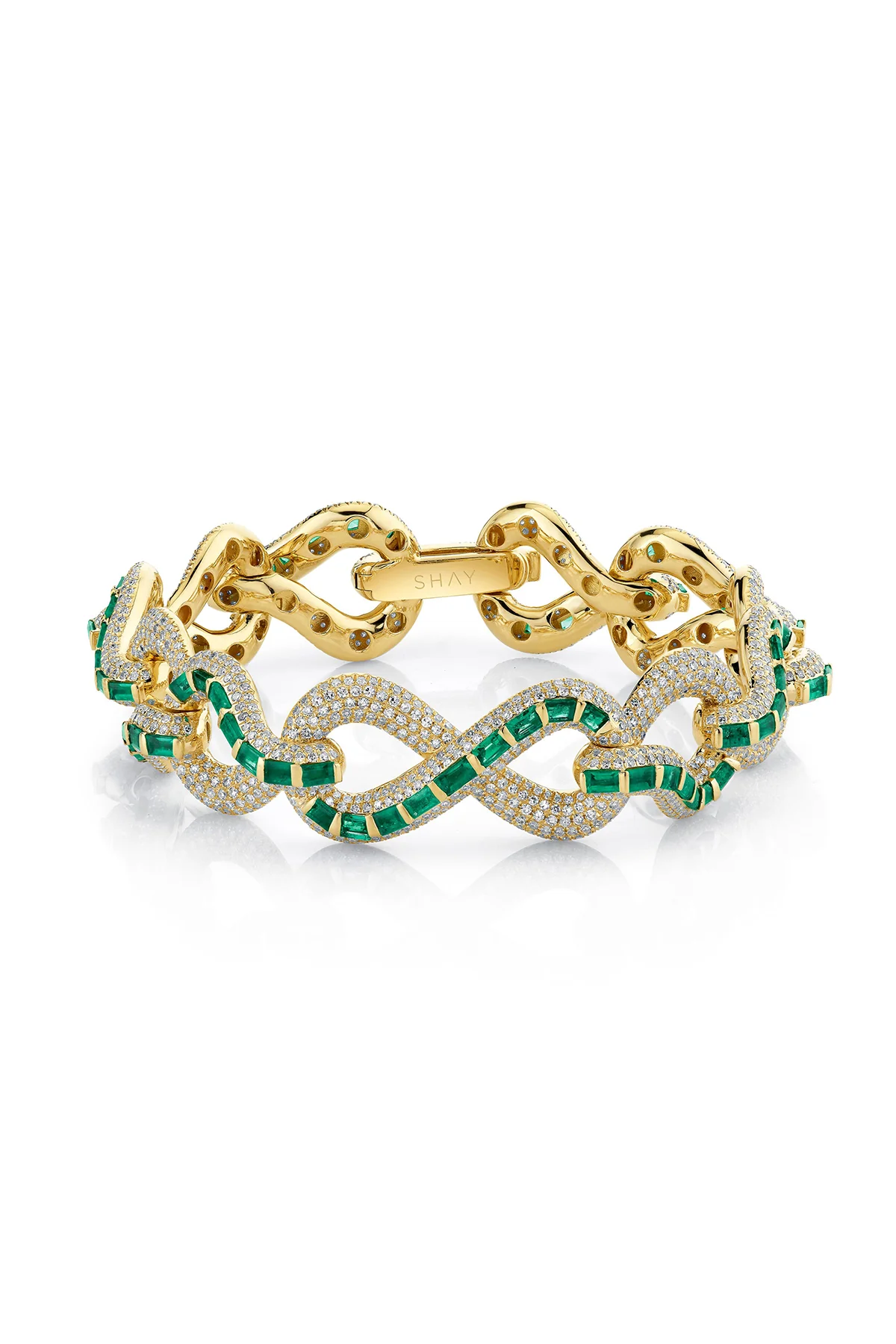 SHAY | YELLOW GOLD DIAMOND PAVE & EMERALD BAGUETTE INFINITY BRACELET 7"