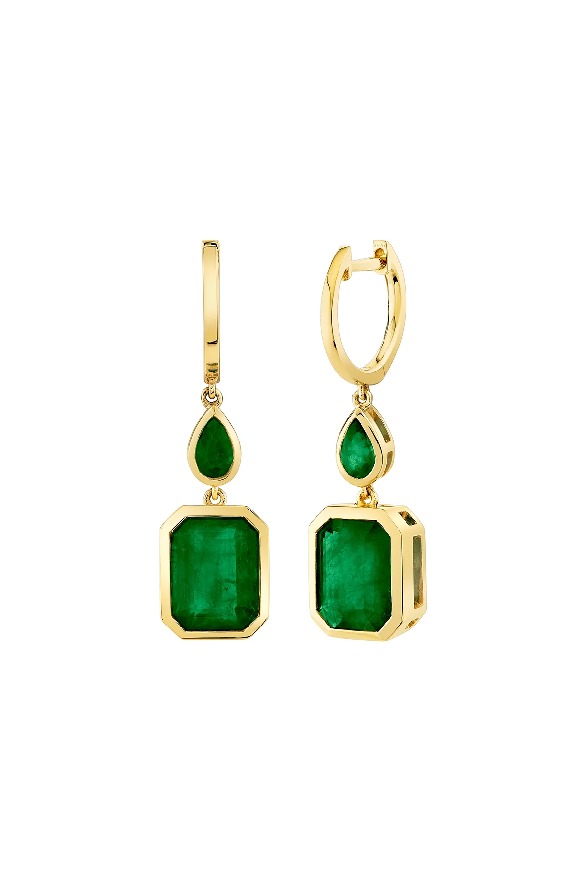 SHAY | YELLOW GOLD EMERALD DOUBLE BEZEL DROP EARRINGS