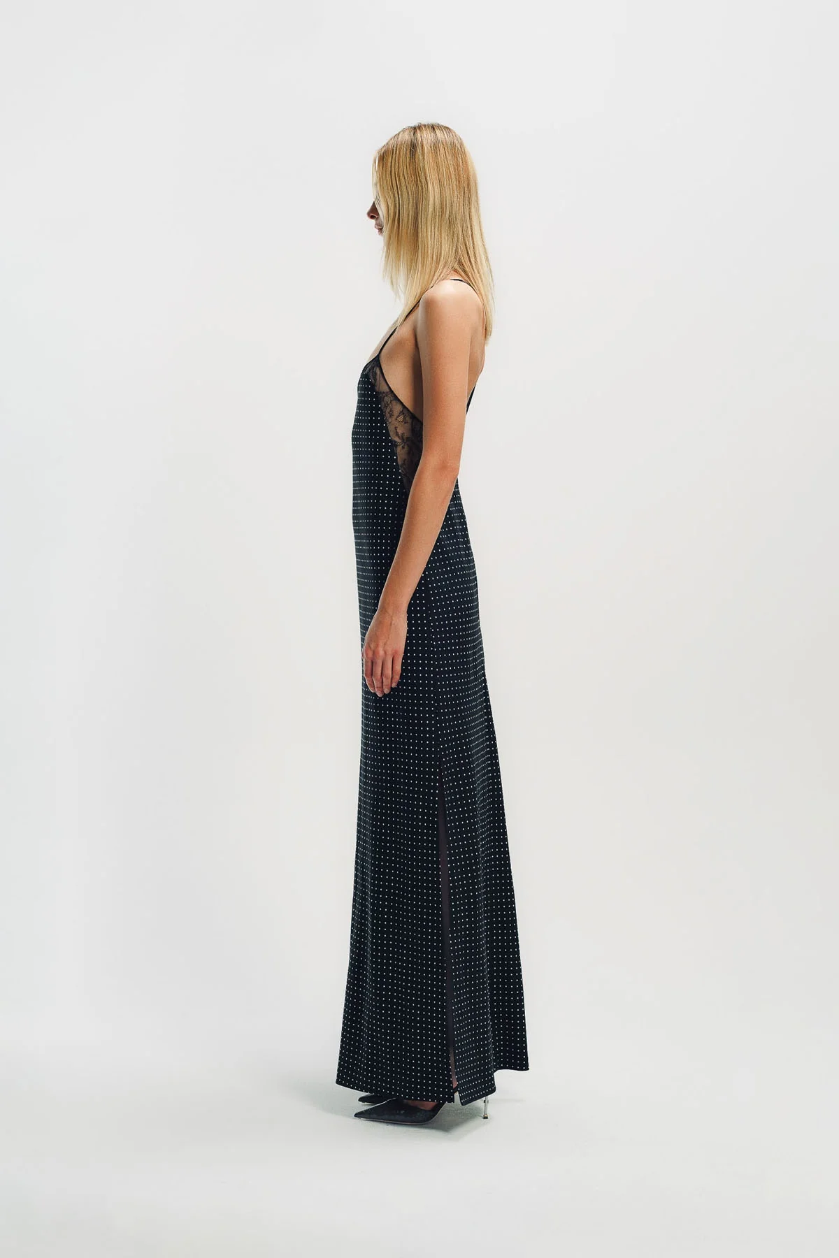 TOM FORD | POLKA DOT SILK CREPE CAMISOLE EVENING DRESS WITH LACE DETAIL - Image 3