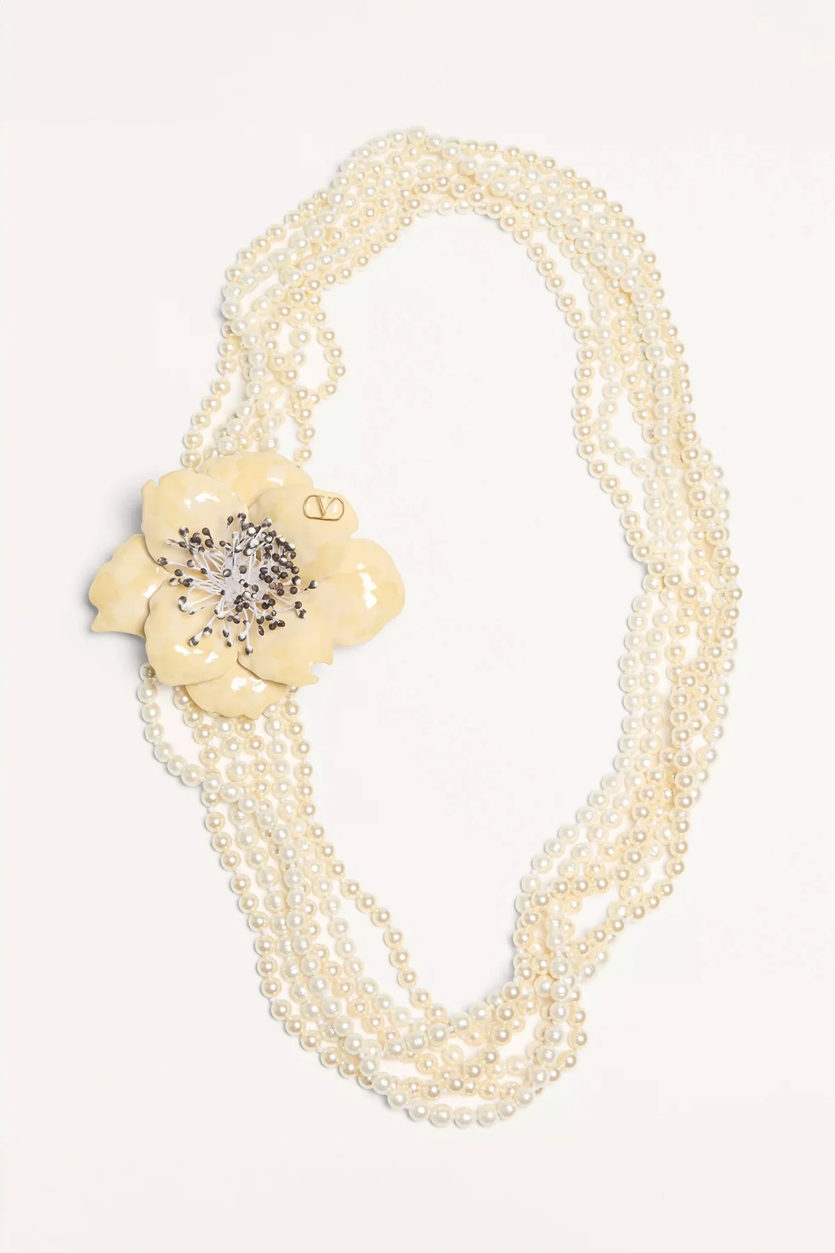 VALENTINO GARAVANI | FLEUR LUMINEUSE NECKLACE IN METAL, ENAMEL, PEARLS AND FABRIC